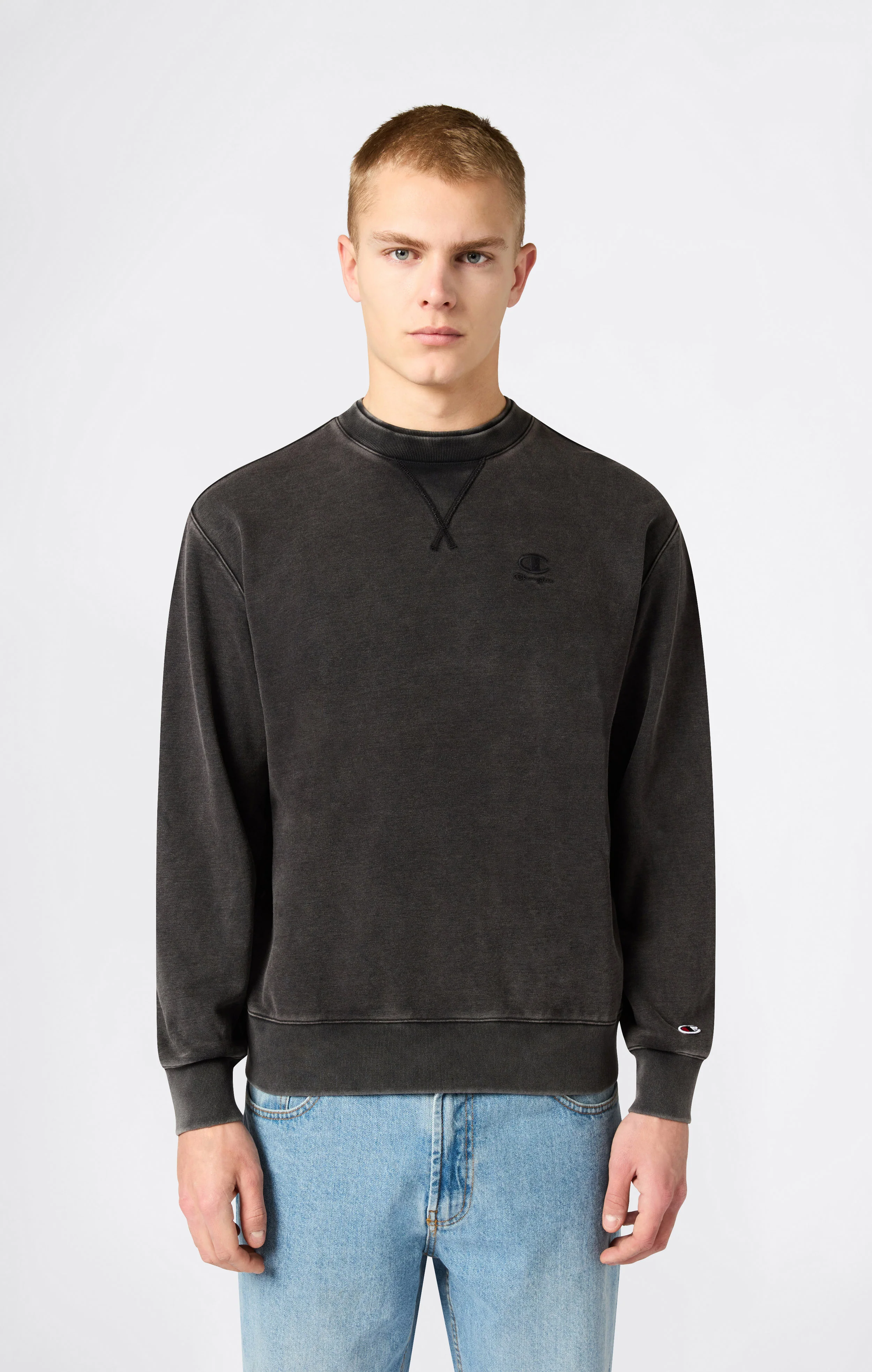 Men’s Crewneck Sweatshirt with Embroidered Logo and Washed Effect Icons