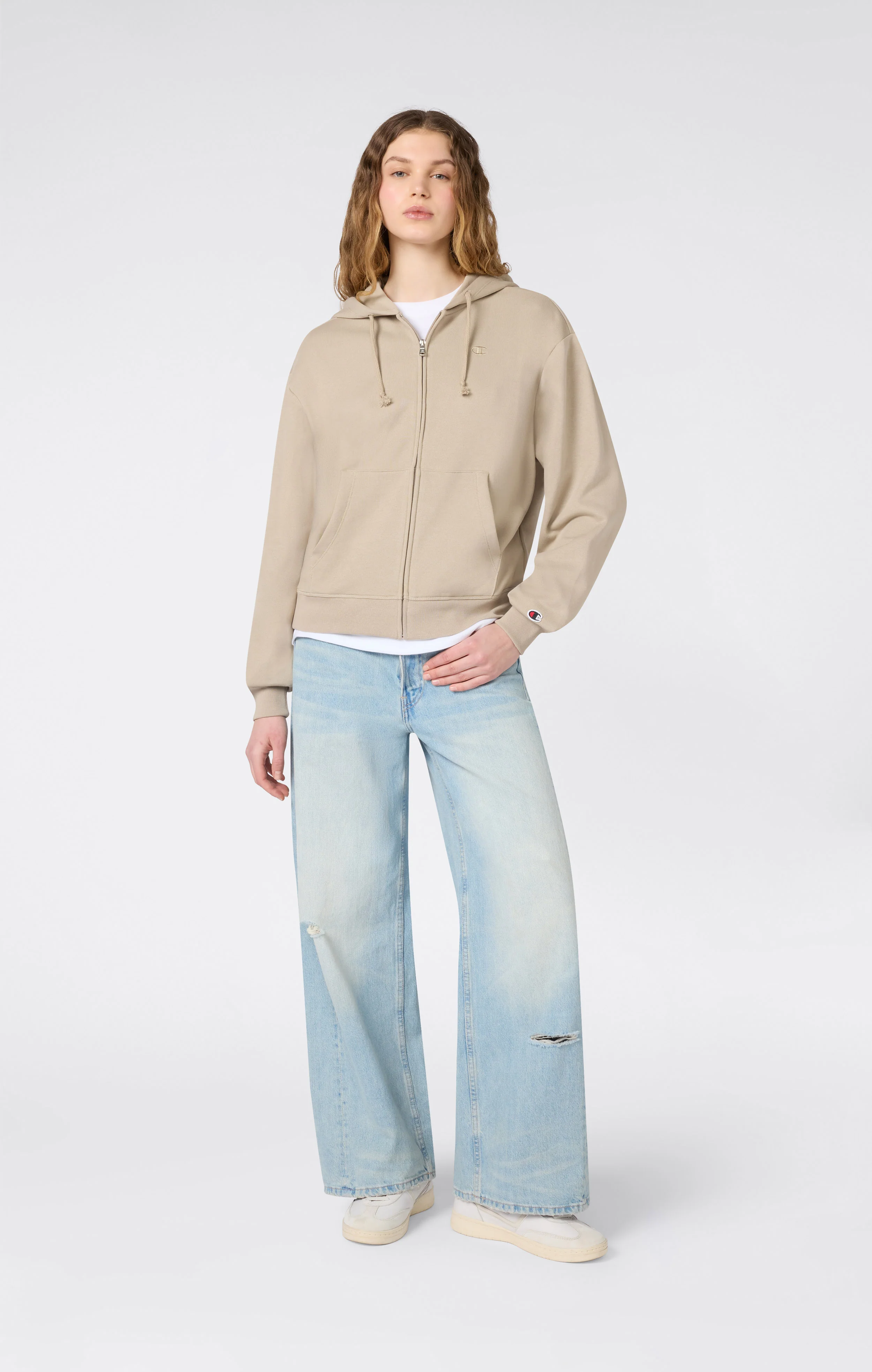 Women’s Lightweight Full Zip Hooded Sweatshirt with Tonal Embroidered “C” Logo Icons - Image 2