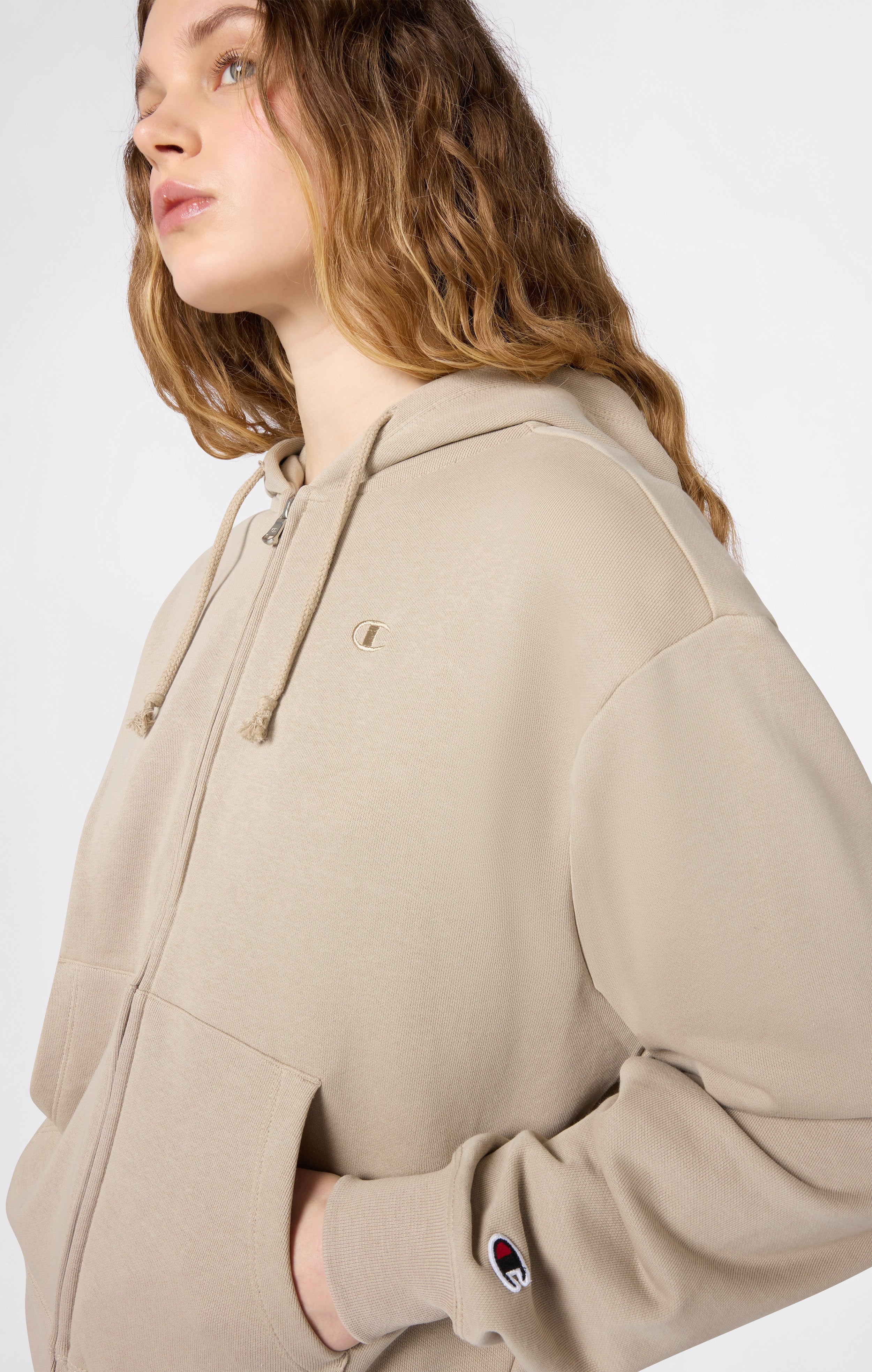Women’s Lightweight Full Zip Hooded Sweatshirt with Tonal Embroidered “C” Logo Icons - Image 3
