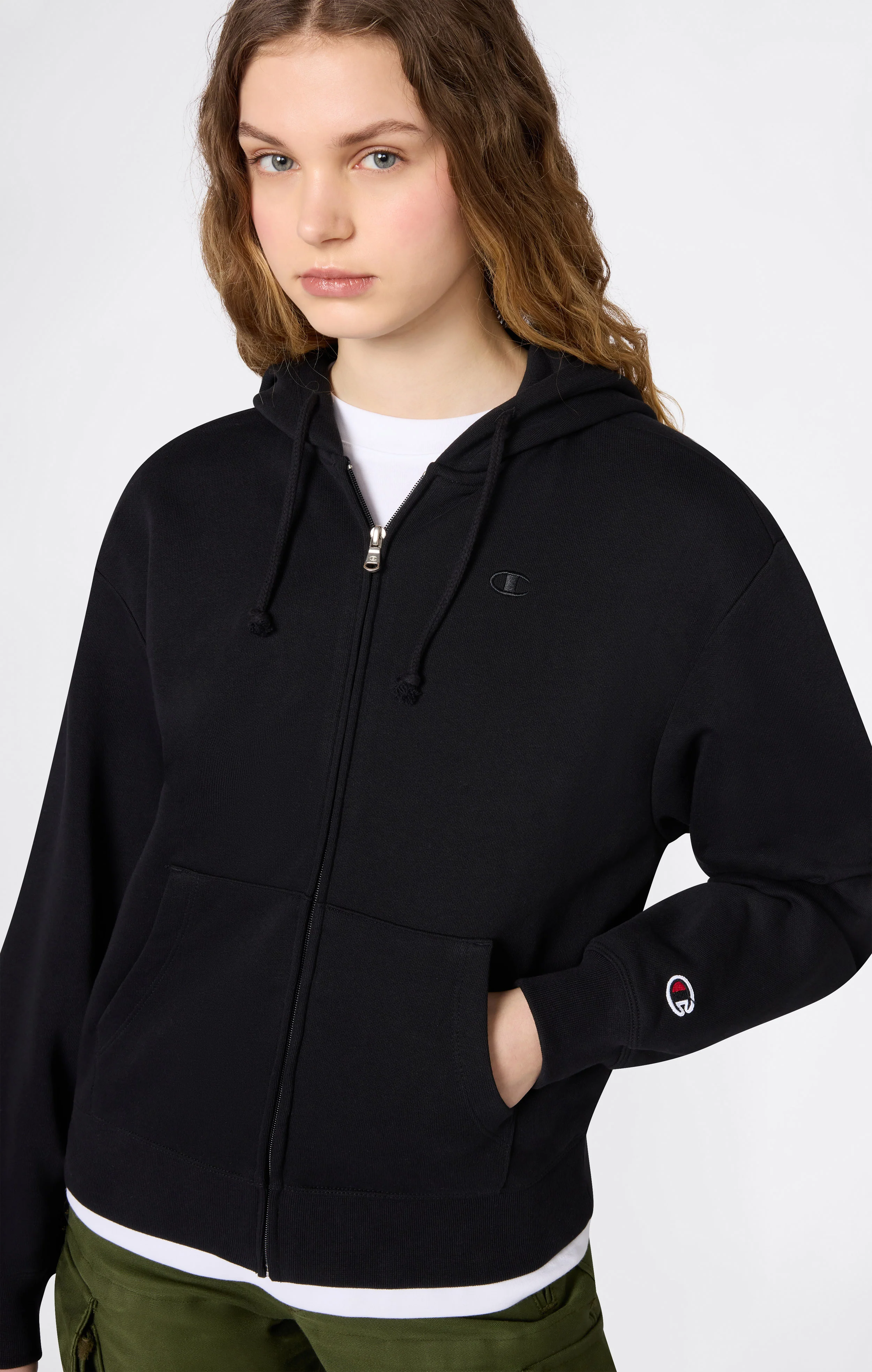 Women’s Lightweight Full Zip Hooded Sweatshirt with Tonal Embroidered “C” Logo Icons - Image 3